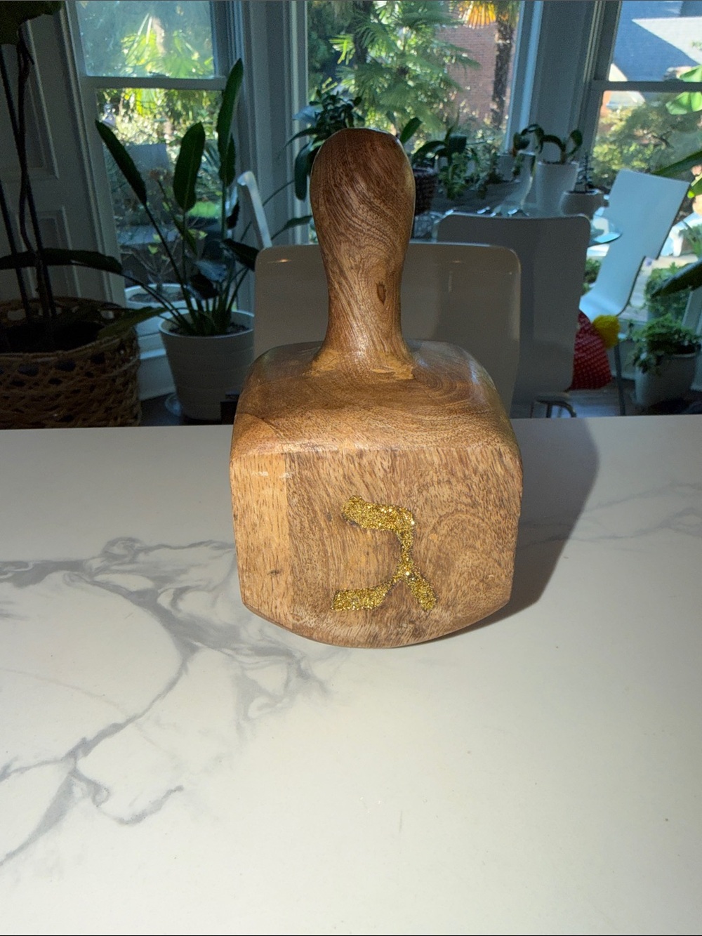 Israeli Solid Olive Wood Dreidel. Sparkly Lettering on each Side of the Dreidel